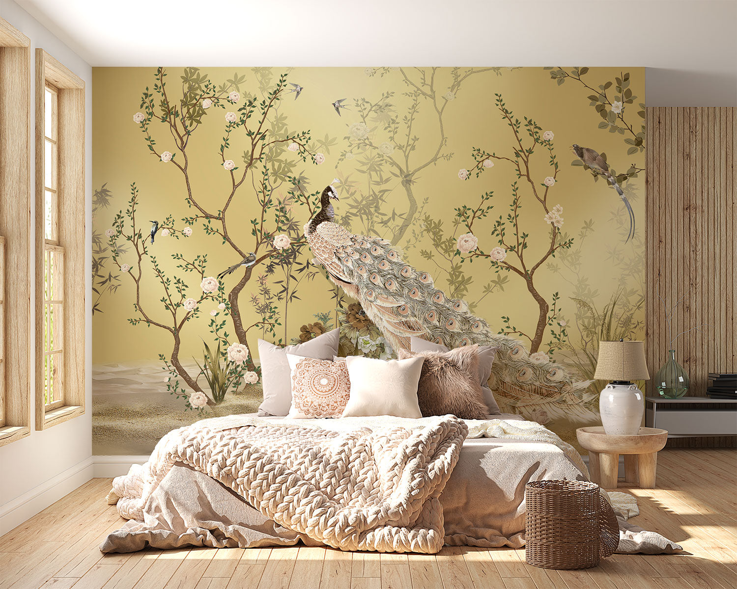 Golden Bloom wall mural with a cream peacock, flowering tree branches, and birds on a golden background in an elegant, Chinoiserie-style interior.