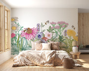 Wildflower Haven Wall Mural – Hand-Illustrated Floral Wallpaper with Vibrant Blooms and Bees