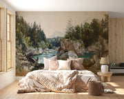 Vintage watercolor wall mural featuring a scenic river winding through rocky terrain and pine forest, with distant mountains in the background.