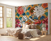 Colorful floral wall mural with peonies and gold accent decorating a bedroom.