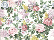 Elegant vintage floral wall mural with pink roses, lilacs, and greenery behind.