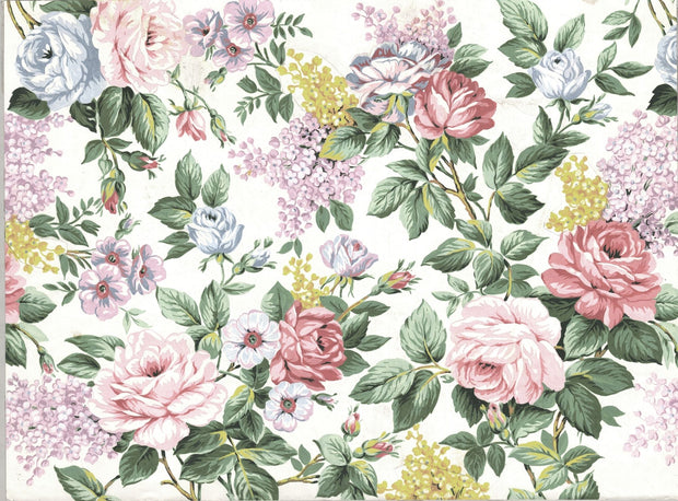 Elegant vintage floral wall mural with pink roses, lilacs, and greenery behind.