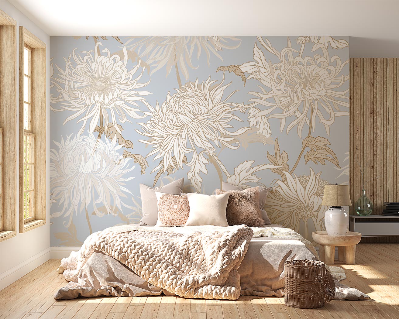 Elegant blue floral wall mural with intricate beige and gold chrysanthemums, styled in a cosy bedroom.