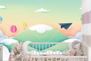 Paper aeroplane and hot air balloons wall mural image 2