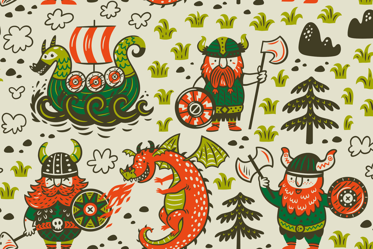 Illustrated Viking-themed wall mural featuring cartoon Vikings, dragons, Viking ships, and playful forest elements, perfect for kids' rooms, nurseries, or playroom décor.