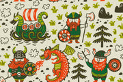 Illustrated Viking-themed wall mural featuring cartoon Vikings, dragons, Viking ships, and playful forest elements, perfect for kids' rooms, nurseries, or playroom décor.
