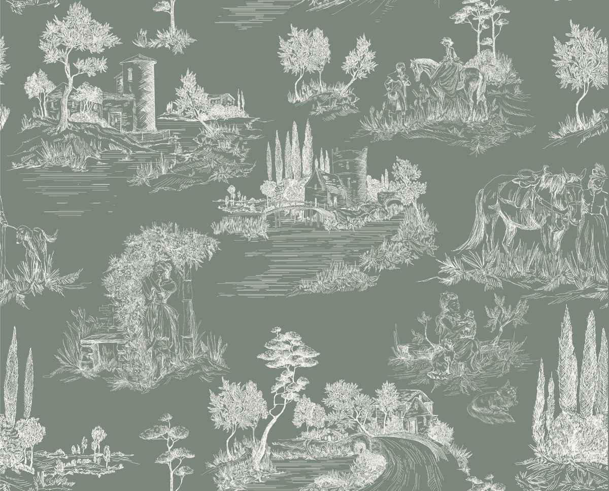 Timeless Toile Wall Mural featuring intricate pastoral illustrations on a muted green background, creating a vintage and elegant ambiance.