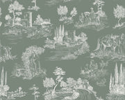 Timeless Toile Wall Mural featuring intricate pastoral illustrations on a muted green background, creating a vintage and elegant ambiance.