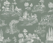 Timeless Toile Wall Mural featuring intricate pastoral illustrations on a muted green background, creating a vintage and elegant ambiance.
