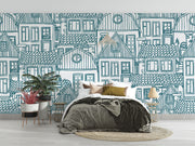 Sketch house wall mural featuring hand-drawn village-style houses with rooftops and windows, creating a cozy and artistic room atmosphere.