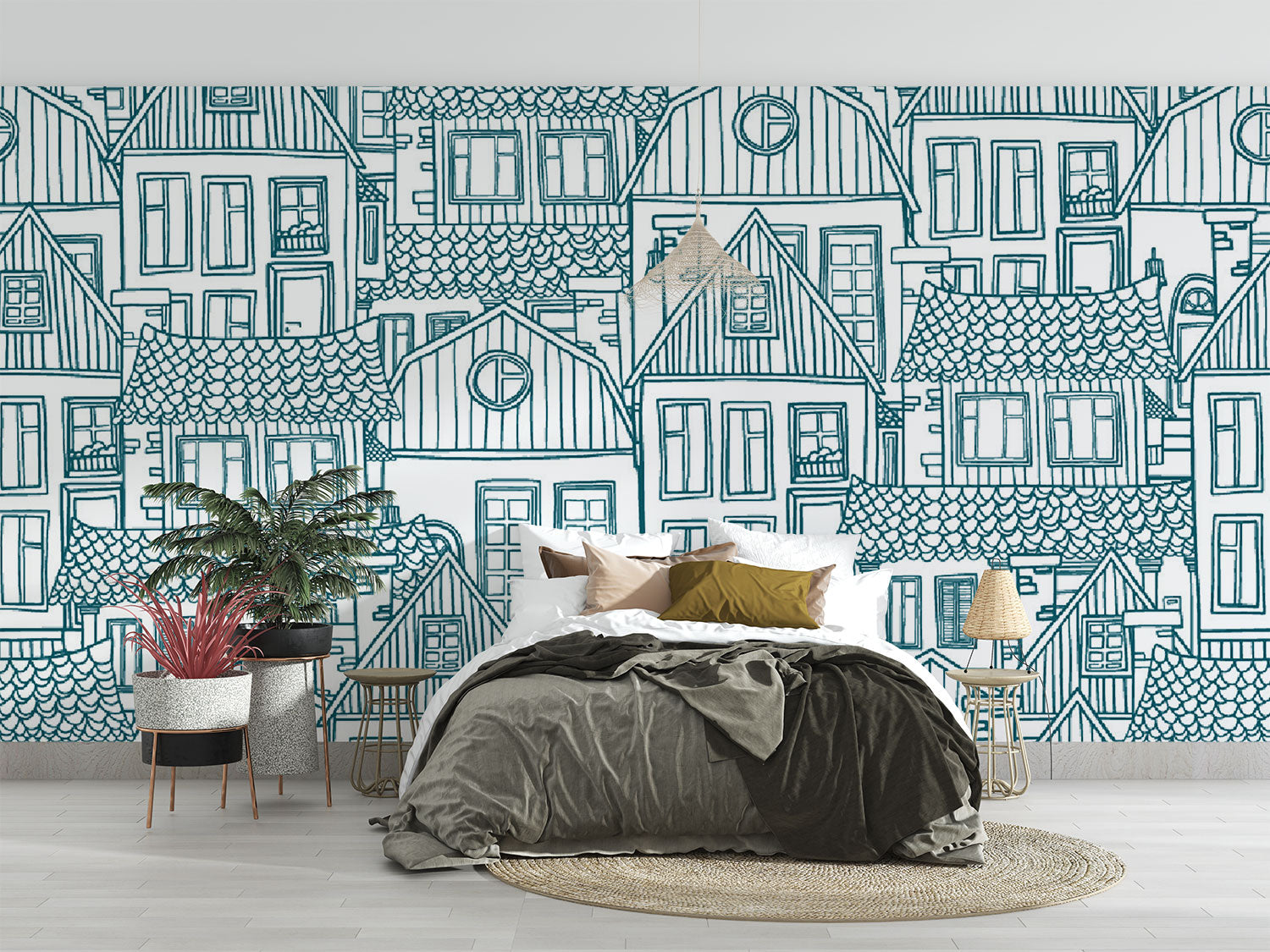 Sketch house wall mural featuring hand-drawn village-style houses with rooftops and windows, creating a cozy and artistic room atmosphere.
