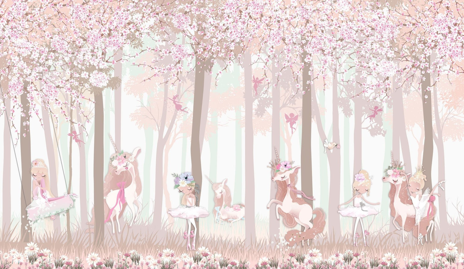 Fairy Forest Wall Mural with whimsical fairies, unicorns, cherry blossoms, and woodland scenery, perfect for a magical-themed children's room.