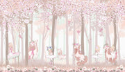 Fairy Forest Wall Mural with whimsical fairies, unicorns, cherry blossoms, and woodland scenery, perfect for a magical-themed children's room.