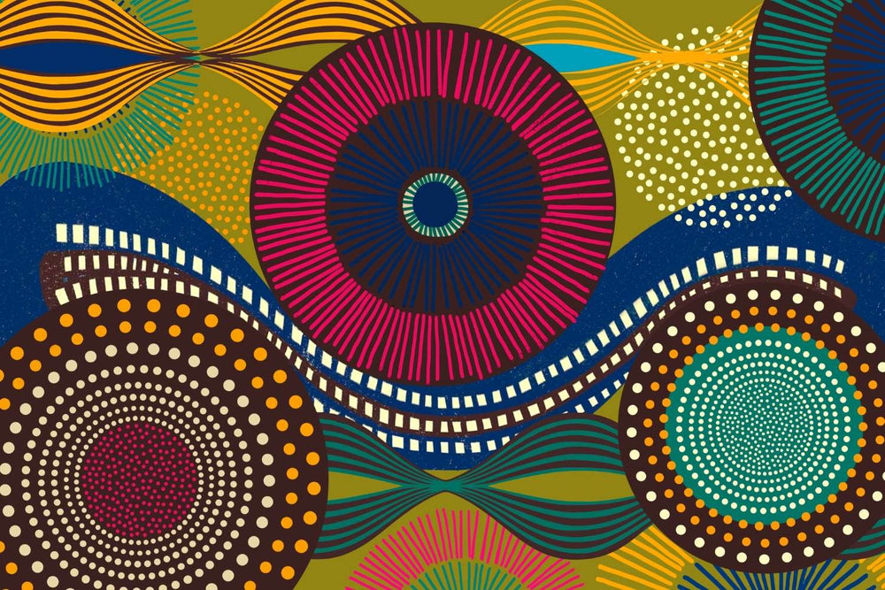 Vibrant abstract wall mural with bold geometric circular patterns, featuring bright colors and dynamic designs for modern interior decor.