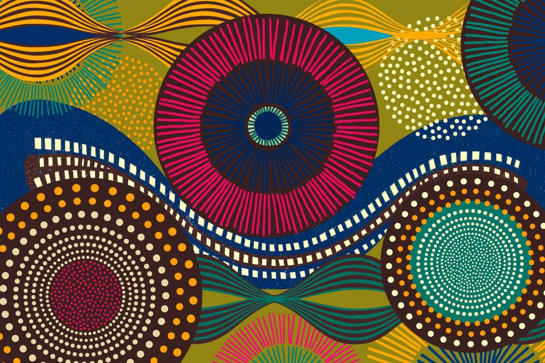 Vibrant abstract wall mural with bold geometric circular patterns, featuring bright colors and dynamic designs for modern interior decor.
