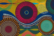 Vibrant abstract wall mural with bold geometric circular patterns, featuring bright colors and dynamic designs for modern interior decor.