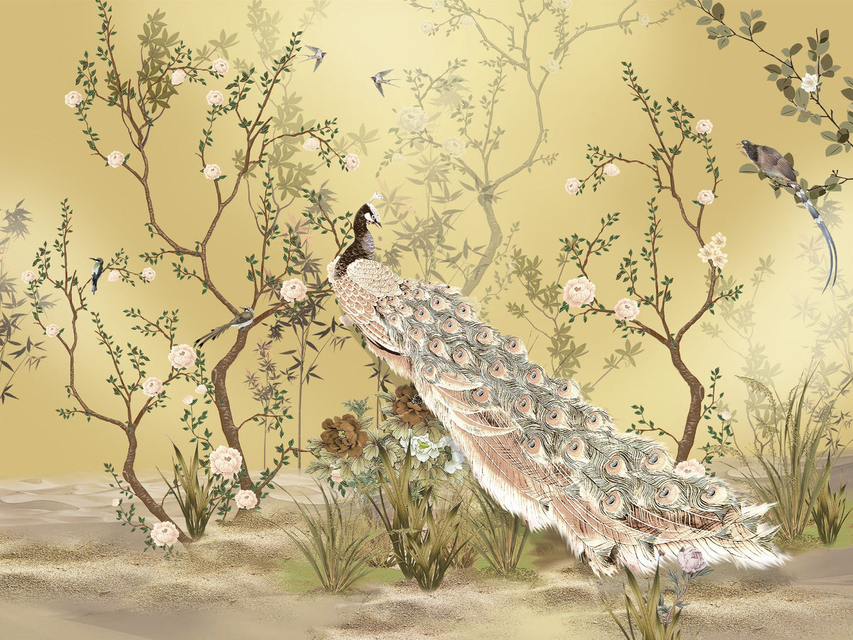 Golden Bloom wall mural with a cream peacock, flowering tree branches, and birds on a golden background in an elegant, Chinoiserie-style interior.