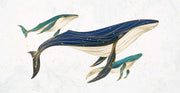 Line art whale mother with children wall mural decorating a kids' room.
