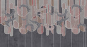Dark botanical line art wall mural with charcoal grey, deep red, and taupe geometric elements, featuring intricate white botanical detailing.