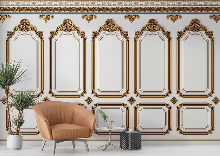White and Gold Wood Panel Wallpaper Mural image 0