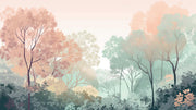 Elegant woodland wall mural and wallpaper featuring soft autumn forest hues with trees in peach, green, and beige.