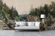 Vintage watercolor wall mural featuring a scenic river winding through rocky terrain and pine forest, with distant mountains in the background.