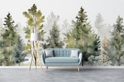 Watercolor forest wall mural with soft green pine trees and a misty effect, creating a peaceful and artistic woodland-inspired space.