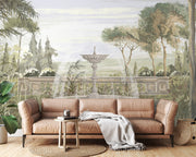 Vintage Fountain Wall Mural – Tropical Botanical Wallpaper with Green Leaves and Nature-Inspired Design