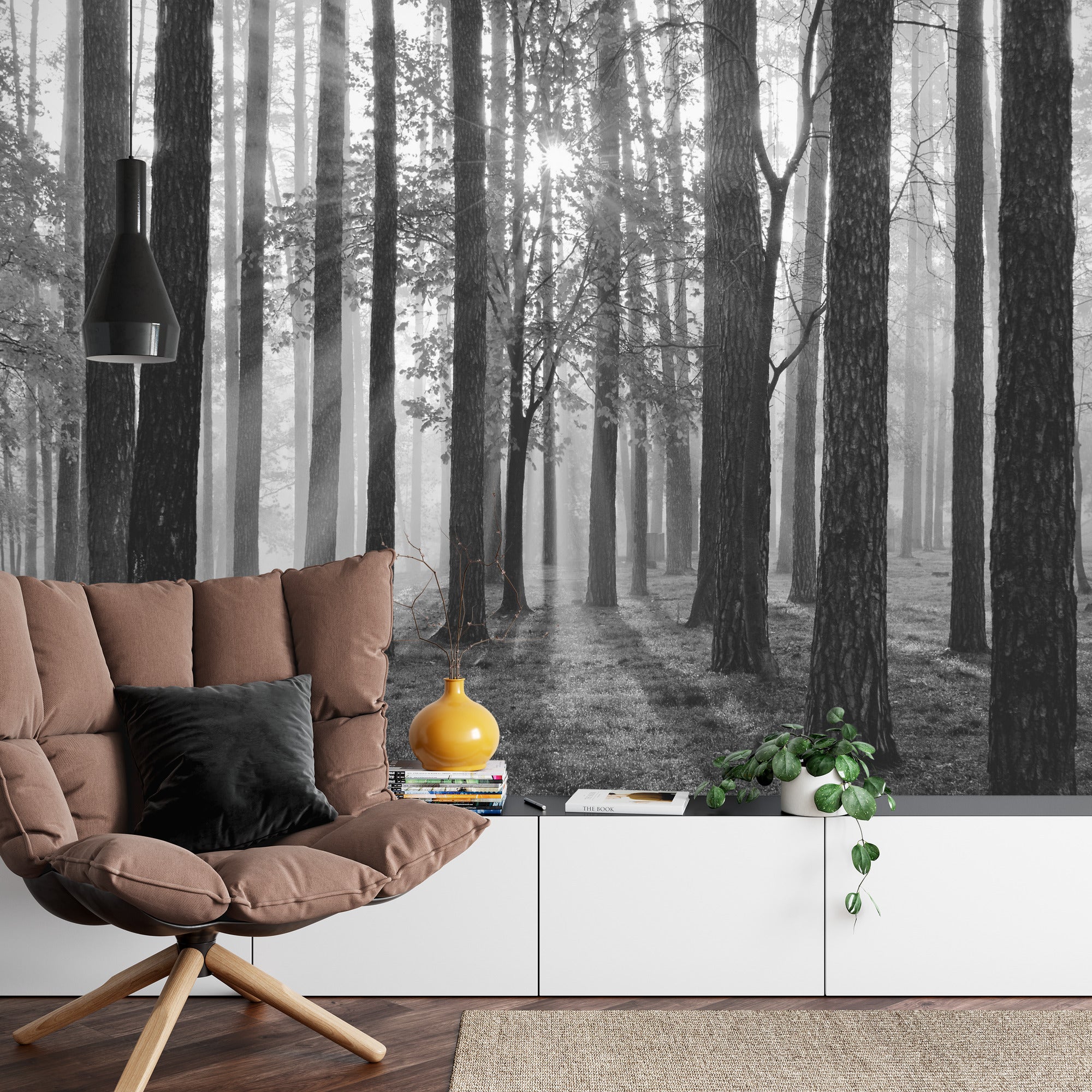 Forest sunrise in black and white wall mural image 0