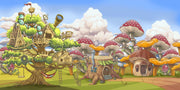 Fantasy wall mural featuring whimsical treehouses, oversized mushrooms, and fairy-tale cottages in a vibrant, enchanted forest setting for kids’ rooms.