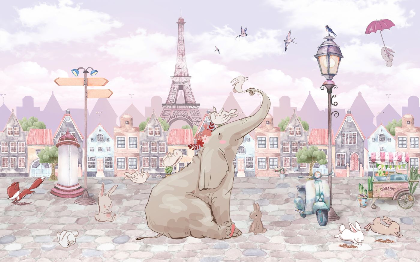 Elephant And Rabbits Mural Wallpaper image 1