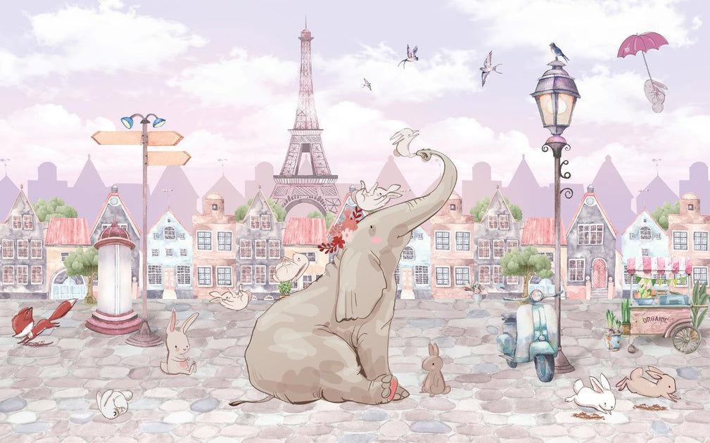 Elephant And Rabbits Mural Wallpaper – Mural Wonder