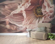 Dramatic macro flower wall mural featuring blush pink anemone with flowing petals, styled in minimalist room with beige chair.