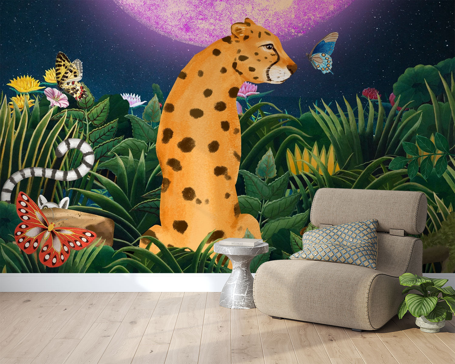 Midnight Safari wall mural with a whimsical leopard in a vibrant jungle, surrounded by butterflies and a glowing purple moon, styled with a cozy chair.