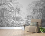 Monochrome Jungle Wall Mural featuring lush grayscale tropical foliage with intricate details, perfect for a calming modern space.