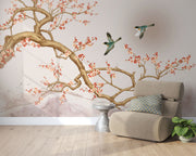 Chinoiserie-style wall mural featuring blooming cherry blossoms, elegant birds in flight, and a soft watercolor-inspired background with a subtle sun.