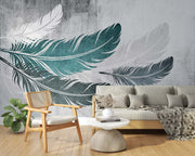Ethereal Feather Wall Mural – Modern Boho Wallpaper with Floating Teal & White Feathers on a Textured Concrete-Style Background.