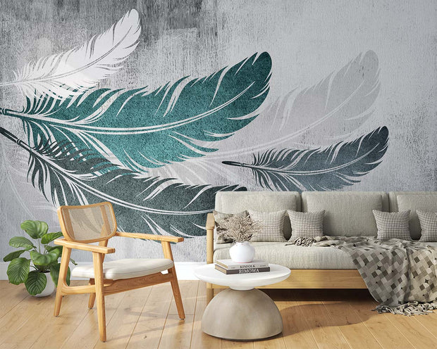 Ethereal Feather Wall Mural – Modern Boho Wallpaper with Floating Teal & White Feathers on a Textured Concrete-Style Background.