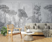 Grand Chateau Wall Mural featuring a grayscale European landscape with architectural details, trees, and a timeless, elegant aesthetic