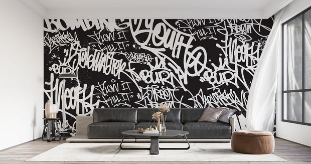 Black and white urban graffiti wall mural with bold typography, perfect for modern home or office decor.
