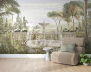 Vintage Fountain Wall Mural – Tropical Botanical Wallpaper with Green Leaves and Nature-Inspired Design