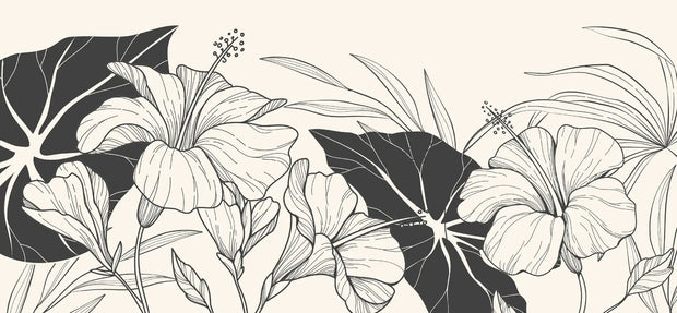 Full layout of minimalist hibiscus flower and leaf mural in bold monochrome style, ideal for modern interiors.
