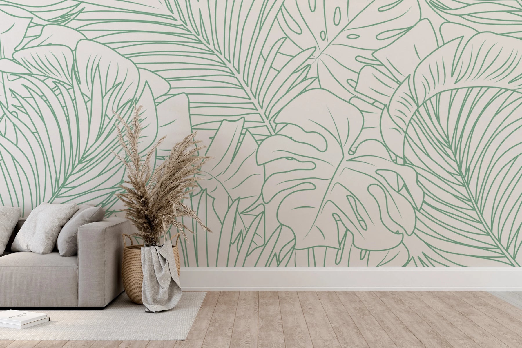 Green Leaves Line Art Wall Mural image 0