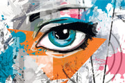 Abstract eye graffiti wall mural with bold blue eye, orange and teal splashes, and street art-inspired brushstrokes.