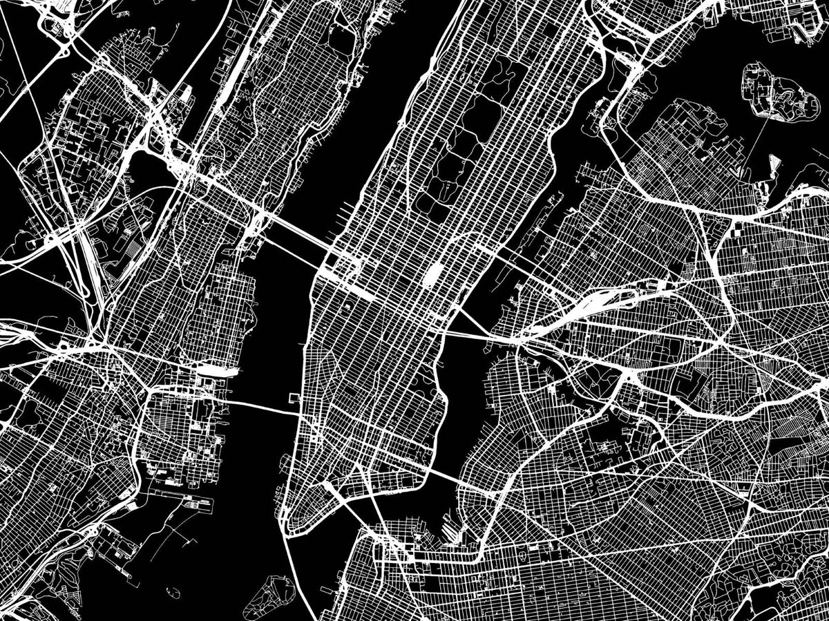 Black and white city map wall mural with detailed urban street layout, perfect for modern bedroom or office decor.