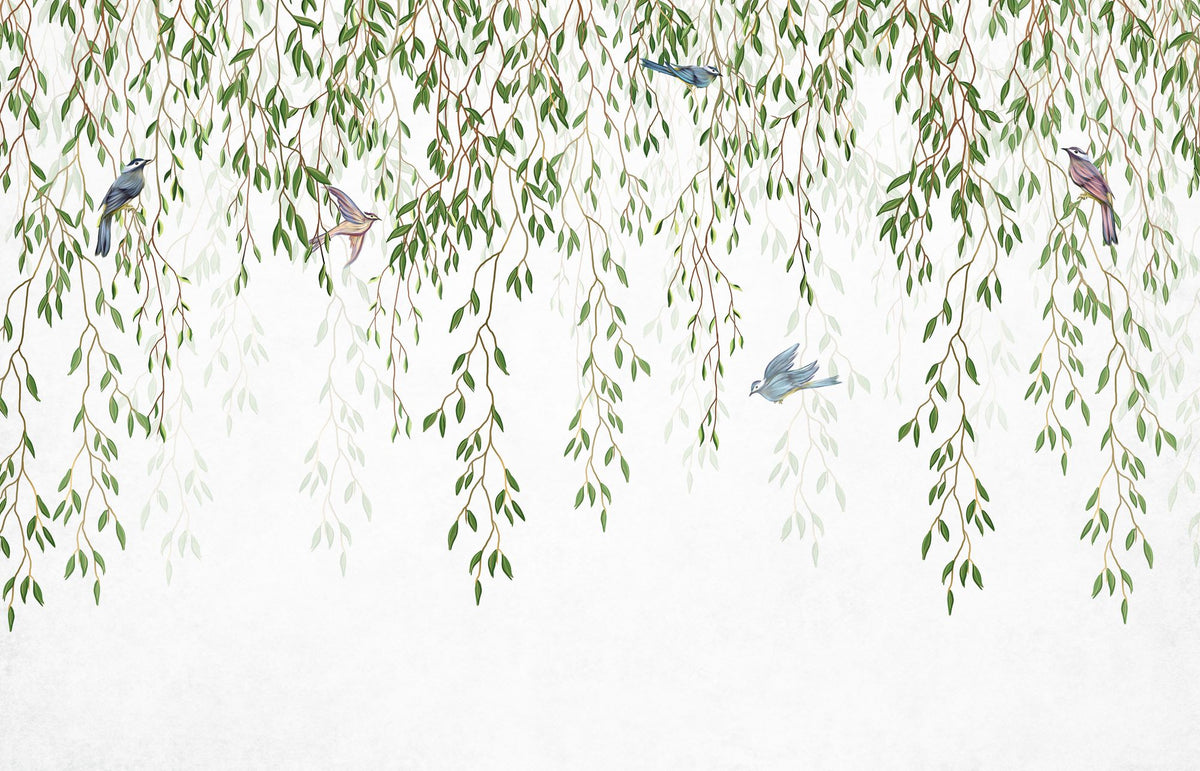 Willow Branches Wall Mural – A serene nature-inspired wallpaper featuring cascading willow branches and birds on a soft background.