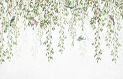 Willow Branches Wall Mural – A serene nature-inspired wallpaper featuring cascading willow branches and birds on a soft background.