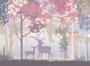 Deer and woodland silhouette mural with soft pastel trees, creating a peaceful forest scene for kids’ rooms and nurseries.