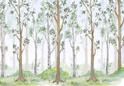 Scandinavian-style woodland forest wall mural featuring tall trees, green leaves, and a soft natural backdrop. Perfect for kids' rooms, nurseries, and peaceful nature-inspired decor.