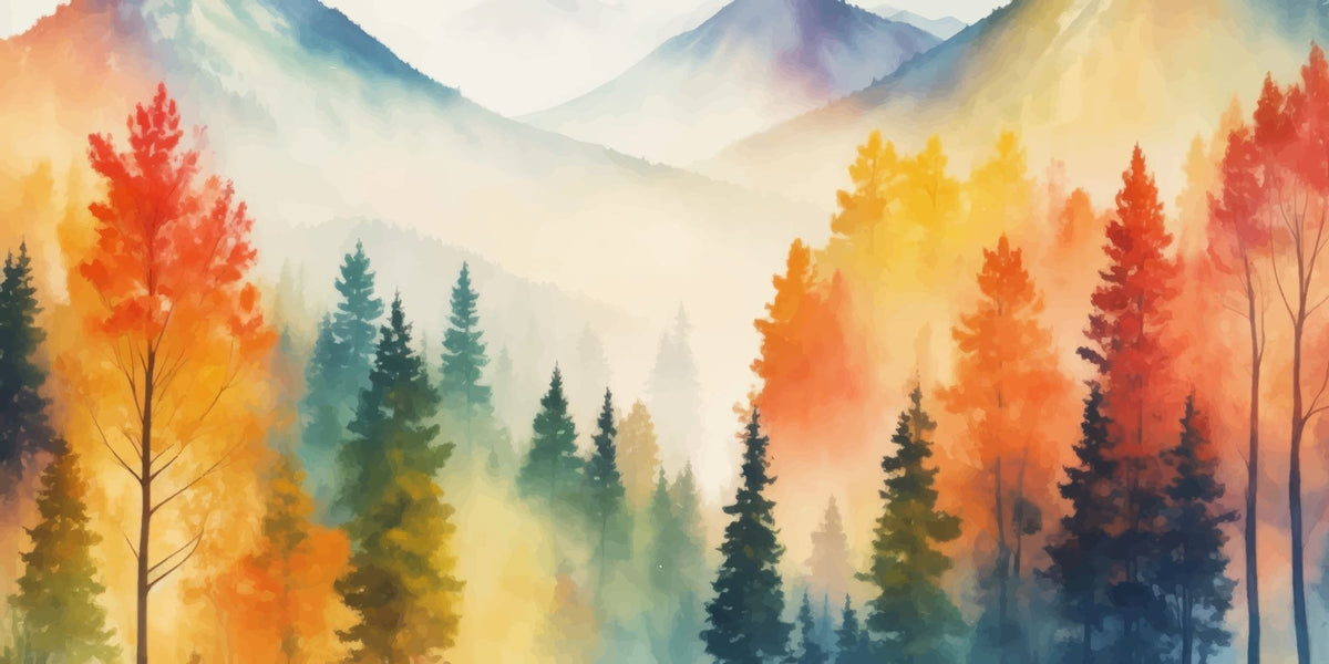 Watercolor mountain landscape wall mural with autumn forest in orange, yellow and teal, styled in modern bedroom.